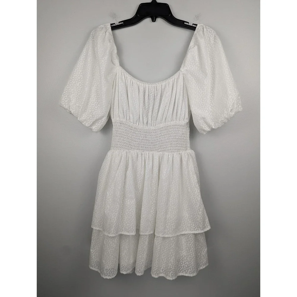 Lulus Tiers To Me White Puff Sleeve Tiered Dress Mini Skater M Off‎ The Shoulder - Picture 3 of 13